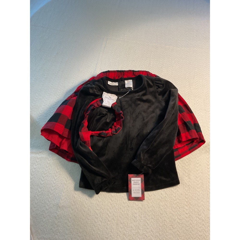 Tommy Bahama Kids Outfit Set Black Velvet Top Red‎ Plaid Skirt Girl Size 6